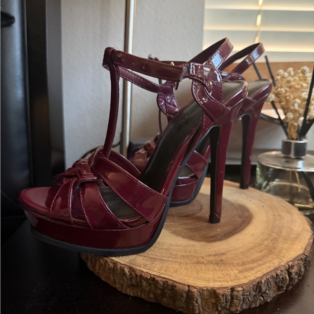 Wild Diva Burgundy Patent T-Strap Platform Stiletto Sandals